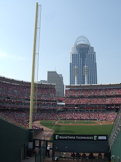 View from behind the bullpen looking down the first base line.